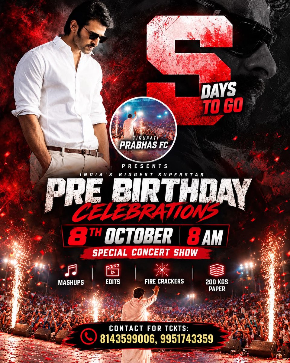 TIRUPATIREBELS's tweet photo. 🔥 Tirupati is all set for a MASSIVE celebration! 🦖🌟❤️‍🔥

🇮🇳 INDIA’S BIGGEST SUPERSTAR’S Pre-Birthday Celebrations 🎉

📅 8th October | ⏰ 8 AM
🎶 Special Concert Show | Palani Picture Palace 🎥🎞️ |
💥 Fire Crackers | 🎵 Mashups & Edits
📜 200 KGS PAPER BLASTS 🔥

Let’s make it unforgettable! ❤️‍🔥

#Prabhas #PrabhasBirthday  #PrabhasPreBirthdayCelebrations #TirupatiPrabhasFC  #RebelliousConcert