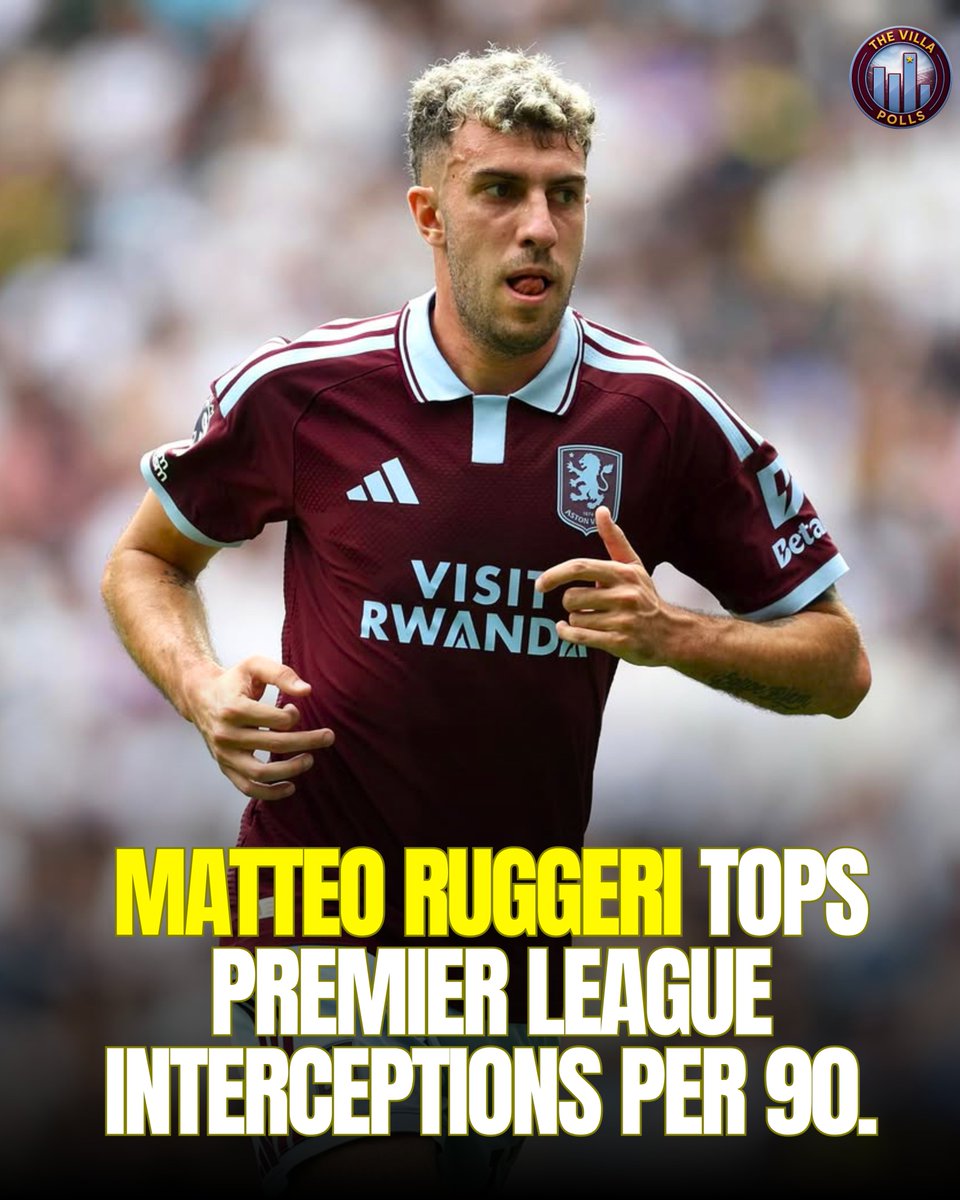 TheVillaPolls's tweet photo. Matteo Ruggeri leads the Premier League for interceptions per 90 this season with 4.7. 🛡️🔥

The top five:

◉ 4.7 — Matteo Ruggeri
◎ 4.0 — Martín Zubimendi
◎ 3.9 — Axel Disasi
◎ 3.6 — Brandon Thomas-Asante
◎ 3.4 — Mats Wieffer https://t.co/Coz7Aa5ifM
