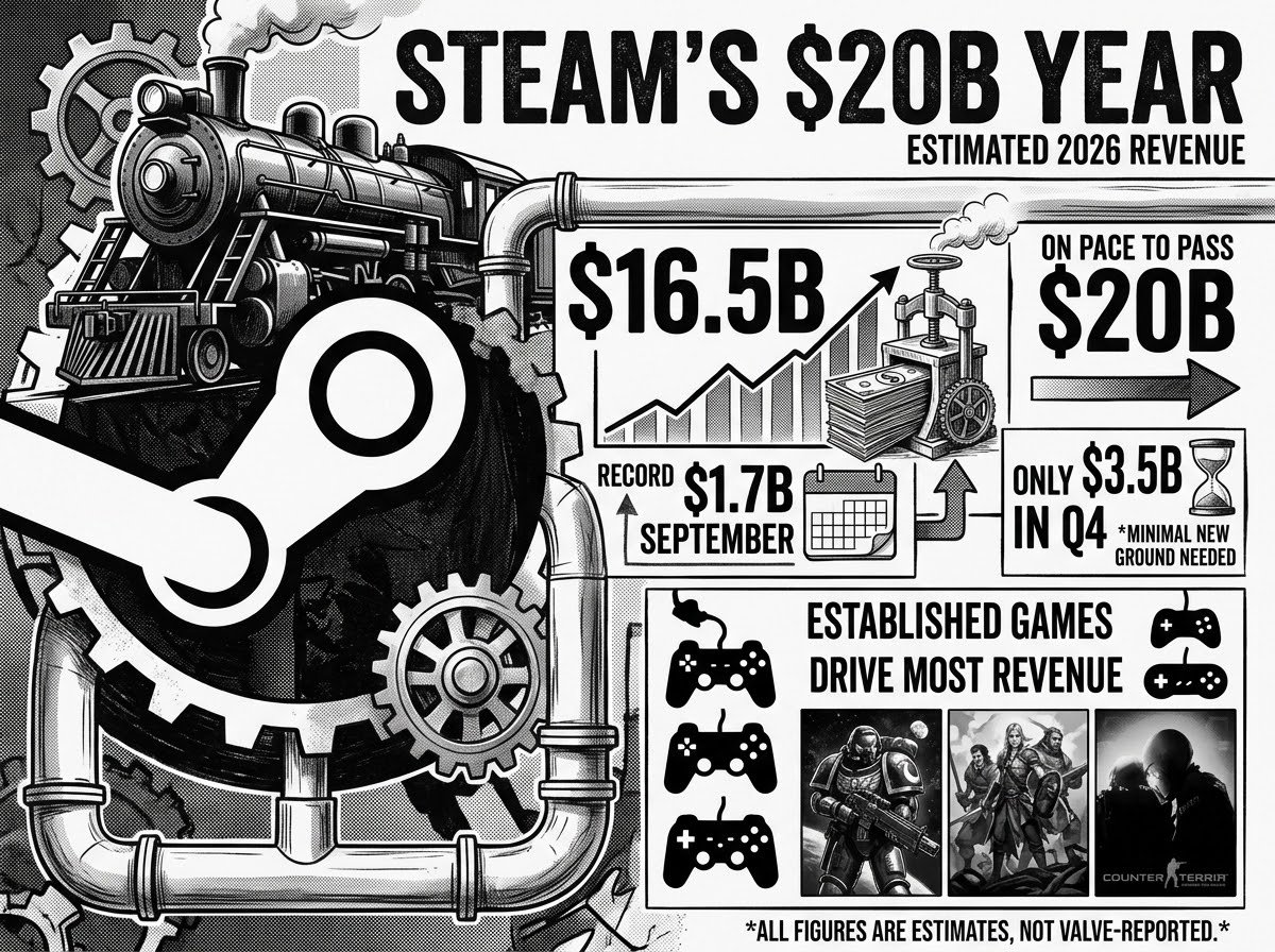 DARKCOMX's tweet photo. Steam generated an estimated $1.7B in September, its biggest September ever, bringing 2026 revenue to $16.5B. At that pace, Steam would need another $3.5B in the final three months to cross $20B, meaning Q4 alone would account for more than 17% of the year’s total. These are estimates, not Valve-reported figures.

Steam’s $20B Year