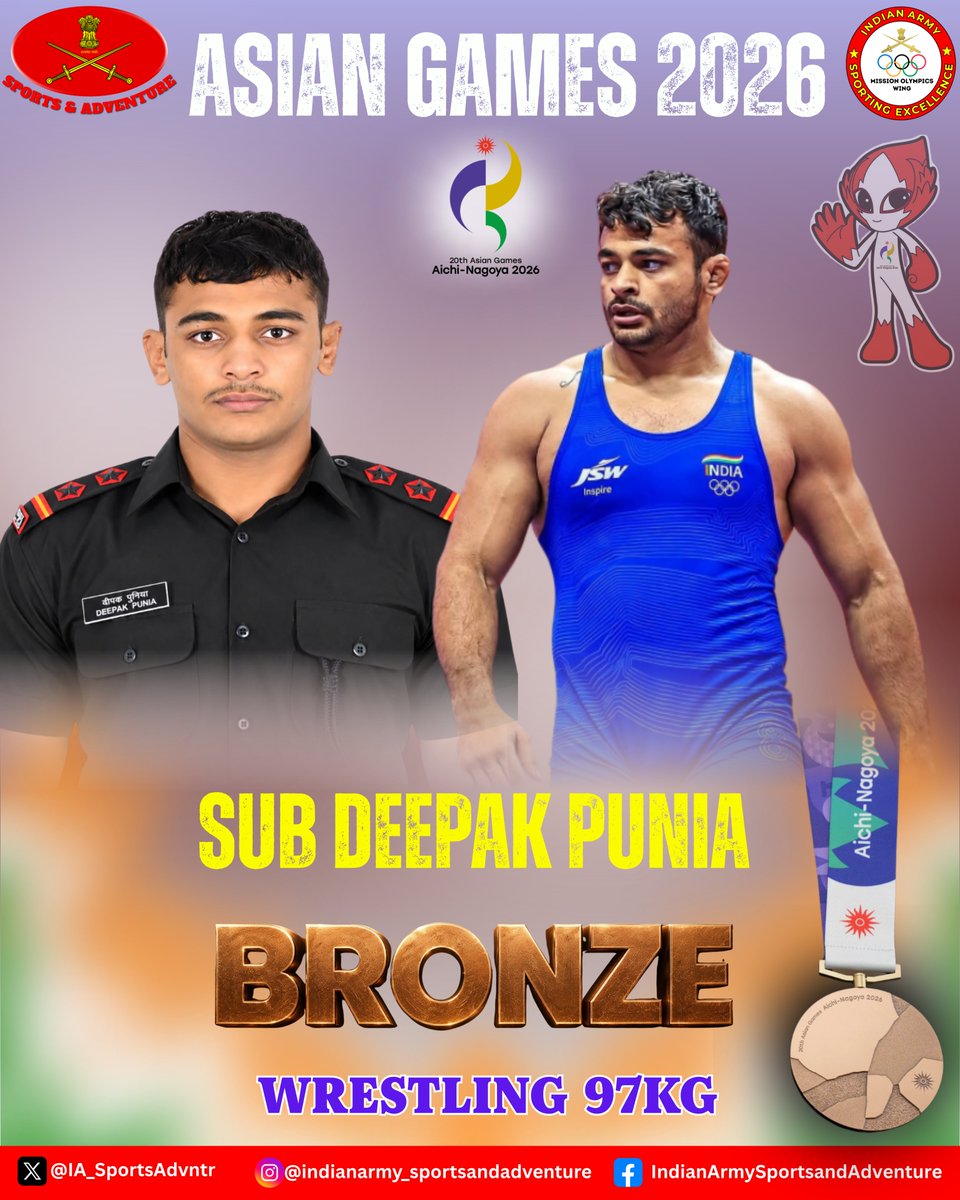 IA_SportsAdvntr's tweet photo. Back-to-Back Asian Games Medals 🏅 for Subedar Deepak Punia

Subedar Deepak Punia adds another Asian Games medal to his illustrious career, clinching the Bronze Medal 🥉 in the Men’s Freestyle 97kg at the 2026 Asian Games in  after a 60-year wait for India #Wrestling at Asian Games 

After winning  🥈 in the 86kg category at the #AsianGames 2022 in Hangzhou, the #IndianArmy wrestler once again returns to the Asian Games podium, this time competing in the higher 97kg weight category.

His consistency, strength and fighting spirit across two successive editions underline his stature on the continental stage.

#MissionOlympicsWing
#ArmySportsControlBoard
#Cheer4Bharat
#TeamIndia

@adgpi
@SpokespersonMoD
@HQ_IDS_India
@IndiaSports