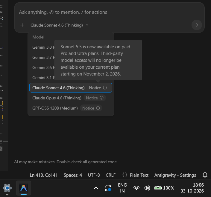 AbhayGuptaAI's tweet photo. So Finally it comes to an end 
BEST Reliable Source of FREE AI with intelligence access to us (Students) via Anti-Gravity
hope there is free tier of Gemini model will continue. https://t.co/VE99GoJYvQ