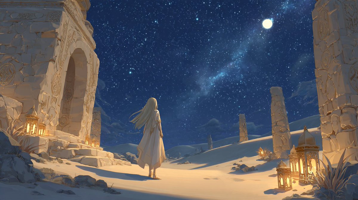IsekaiSounds's tweet photo. New video uploaded. ✨

Stars Above the Sleeping Temple  
Original Fantasy Music for Sleep, Study & Relaxation

Escape to a peaceful sleeping temple in another world, where a star-filled sky, pale moonlight, softly glowing lanterns, half-buried white stone pillars, carved ancient letters, golden sand dunes, and gentle night winds create a quiet moment beneath the desert stars.

🎵 Watch on YouTube:  
https://t.co/n4f4QGPBtA

#IsekaiFantasySounds #FantasyMusic #AmbientMusic #RelaxingMusic