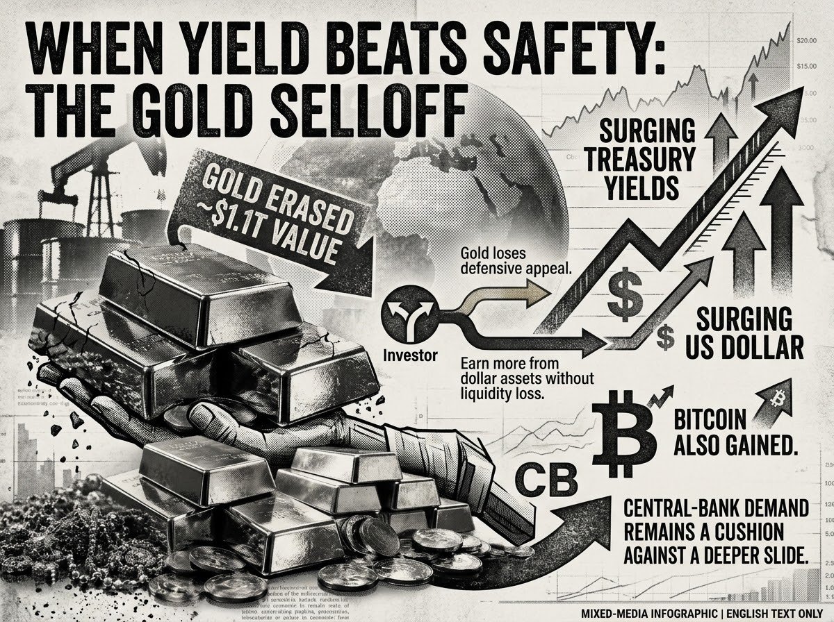 DARKCOMX's tweet photo. Gold’s selloff has erased roughly $1.1T in market value as Treasury yields and the dollar surge, while Bitcoin has also gained. The shift shows how gold can lose its defensive appeal when investors can earn more from dollar assets without giving up liquidity. But gold’s central-bank demand remains a cushion against a deeper slide.

When Yield Beats Safety
