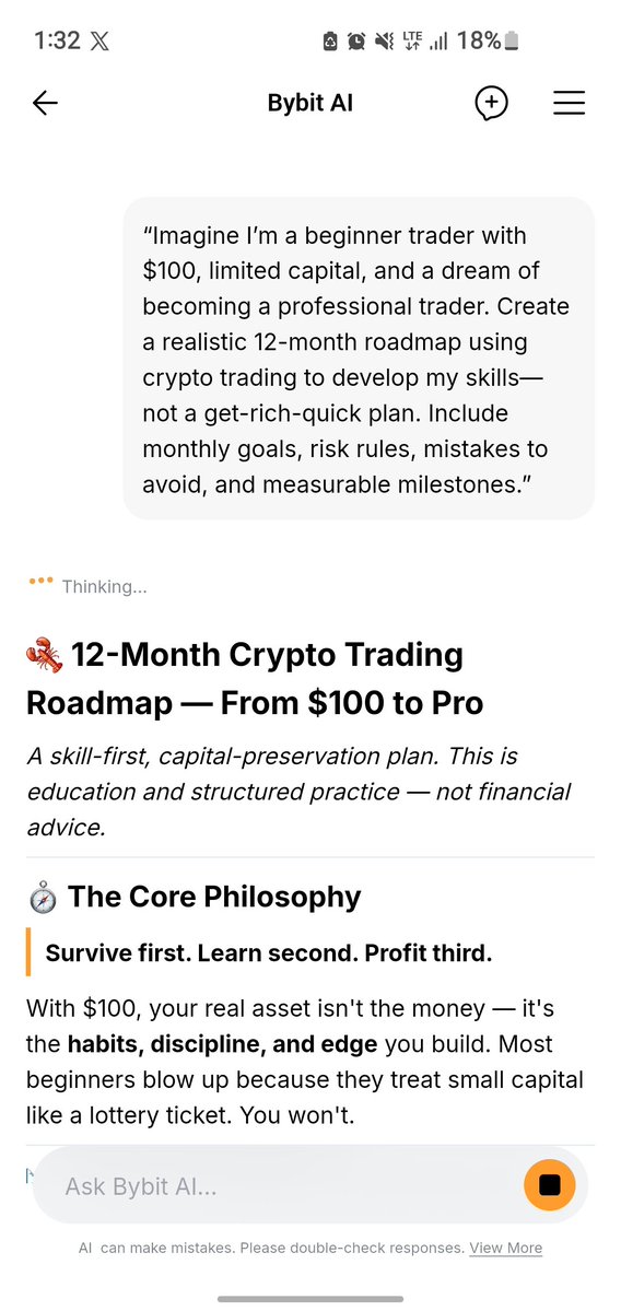 Vida_Forex's tweet photo. I asked Bybit AI to build me a realistic trading roadmap starting with just $100, focusing on risk management, consistency, and long-term growth. ππ
The response was seriously impressive. π€π₯
#BybitAIPromptShowOff @BybitAfrica https://t.co/aLglKQ5PNi