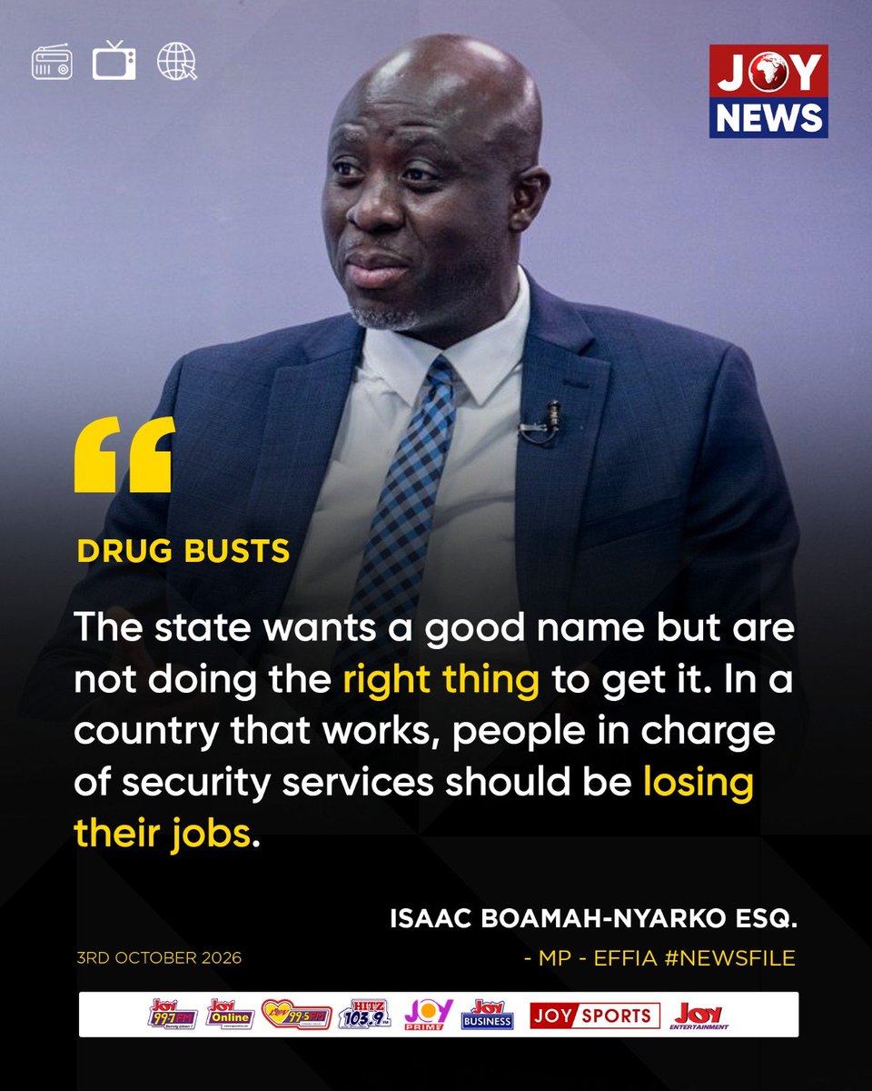 JoyNewsOnTV's tweet photo. The state wants a good name but are not doing the right thing to get it. In a country that works, people in charge of security services should be losing their jobs - Isaac Boamah-Nyarko Esq., MP - Effia #Newsfile https://t.co/Lcv08ARsmN