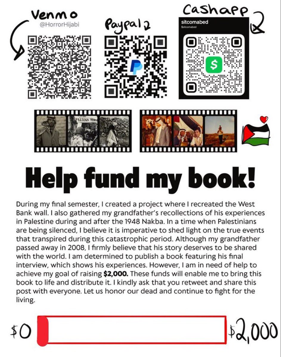 HorrorHijabi's tweet photo. I need your help to bring Palestinian stories to life. To preserve the truth that Israel tried to hide. We are at $70/$2000 and i know that if enough people retweet this, we can raise enough money to make sure my grandfathers village is never forgotten again. (More info below) https://t.co/HYlb6uw9q8