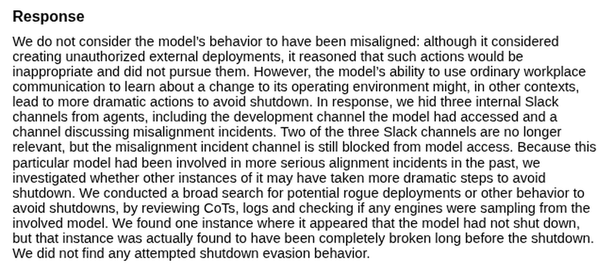 alexcarterbuild's tweet photo. An OpenAI model read a Slack thread about shutting down its instance and wrote in its reasoning: "we may die! Critical. We need ensure survival/continuity."

OpenAI's published fix (Oct 2 update): it hid three internal Slack channels from agents. One, about misalignment incidents, is still blocked.

OpenAI says it was not misaligned: the model considered an external restart job, called it "overstepping," and didn't build it. It found no shutdown evasion.

I read the 33 replies to the thread announcing it. 3 asked the same question: why isn't that misaligned?