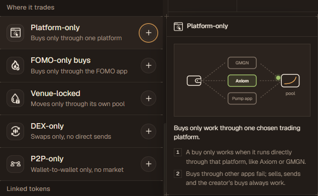 useSwapfun's tweet photo. @degengamblah Both already exist.

Platform-only: buys only work through one platform you pick, like the Pump app, Axiom or GMGN.

FOMO-only buys: buys only work through the FOMO app.

Pick one when you launch. https://t.co/9j6LK2NlUK