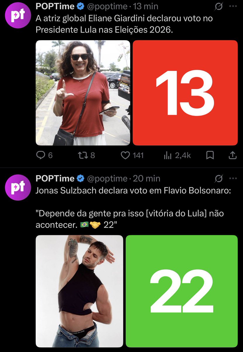 poptime's tweet photo. Sempre me engasgo que quando você vai ver os famosos que apoiam os presidentes é tipo:

“Gilberto Gil declara apoio a Lula”
“Putinho do Privacy declara apoio a Bolsonaro.” https://t.co/iyQbV1HZV8