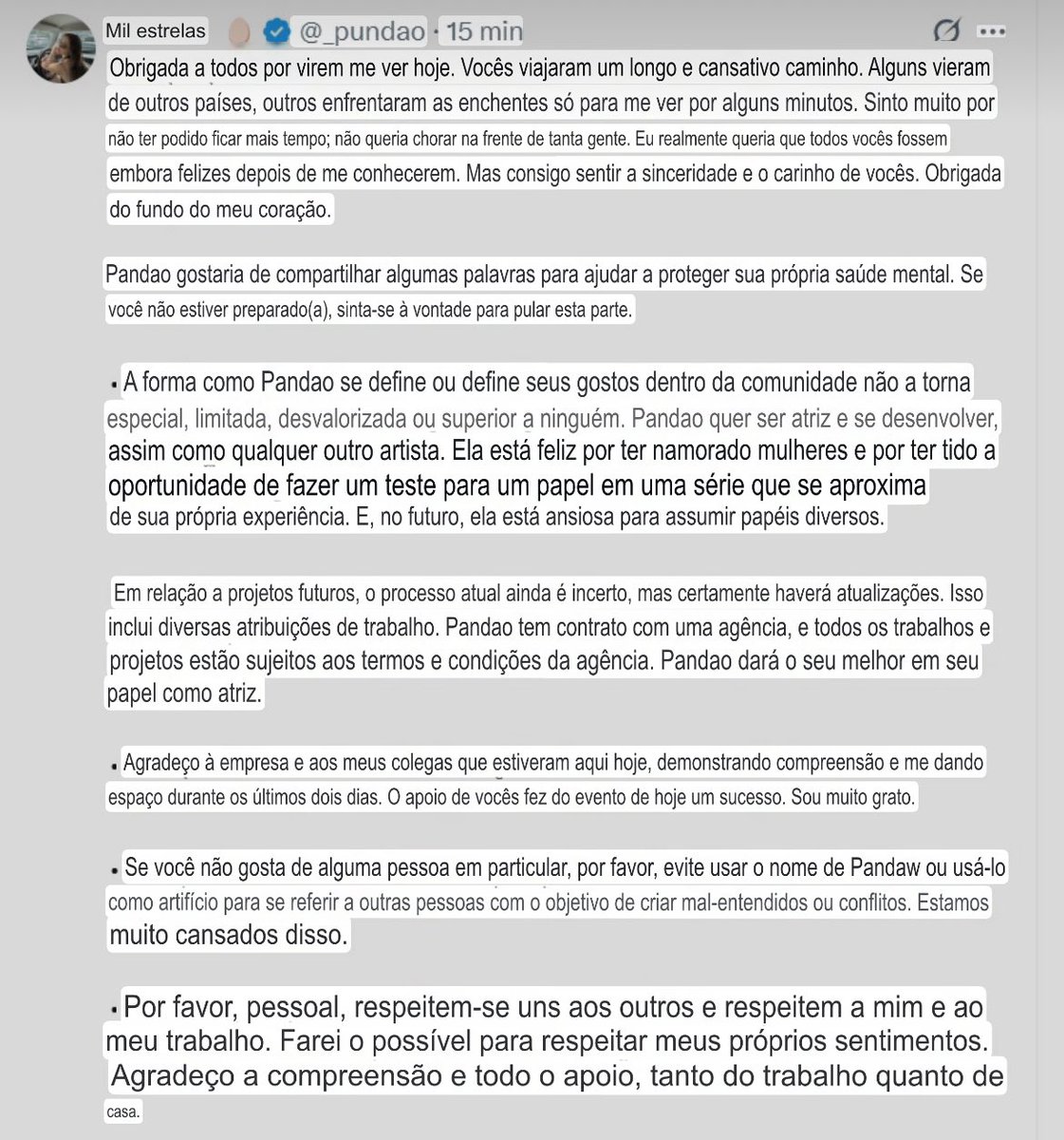 lesbocine's tweet photo. 🚨 Em seu comunicado, Pundao afirmou que fazer parte da comunidade LGBTQIA+ ou se identificar de determinada maneira não a torna superior ou inferior a ninguém. A atriz também ressaltou que deseja ser reconhecida pelo seu trabalho, desenvolver suas habilidades e explorar diferentes papéis.

Sobre o futuro, a artista explicou que seus próximos projetos ainda não estão totalmente definidos e que, por possuir contrato com uma agência, a aceitação de novos trabalhos está sujeita às condições estabelecidas pela empresa.

Pundao também pediu que seu nome não seja utilizado para alimentar conflitos ou ataques contra outras pessoas e reforçou a importância do respeito à sua trajetória, ao seu trabalho e aos seus sentimentos.