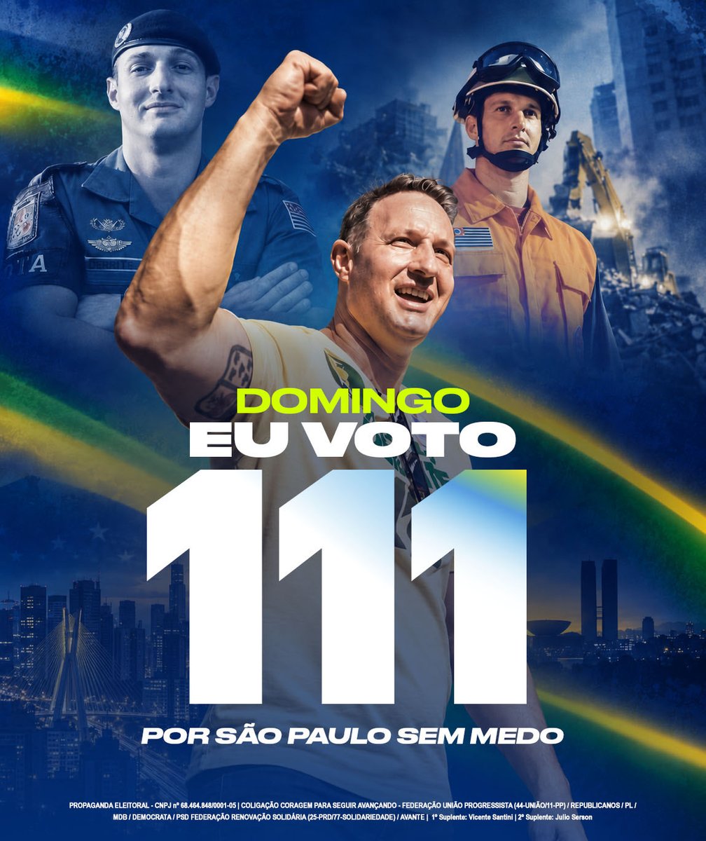 DerriteSP's tweet photo. Amanhã, de frente para a urna, vote em quem vai endurecer as leis e proteger sua família da criminalidade.

Pelo futuro do Estado de São Paulo e do Brasil. 

Vote Derrite senador 1️⃣1️⃣1️⃣. https://t.co/BuGwWca1Pk