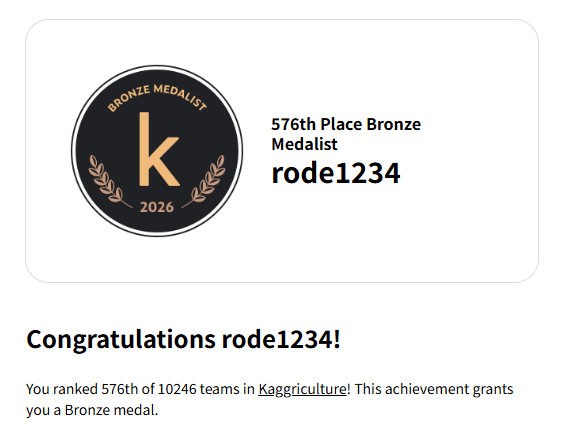 RODE65217219's tweet photo. Kaggriculture 農業コンペ
#kaggle #kaggriculture
https://t.co/DhYgx2uXfa
採点期間だと思うけど一足先にBRONZEメダル・・・？
没収されちゃうかな https://t.co/zdS5MqqM5g