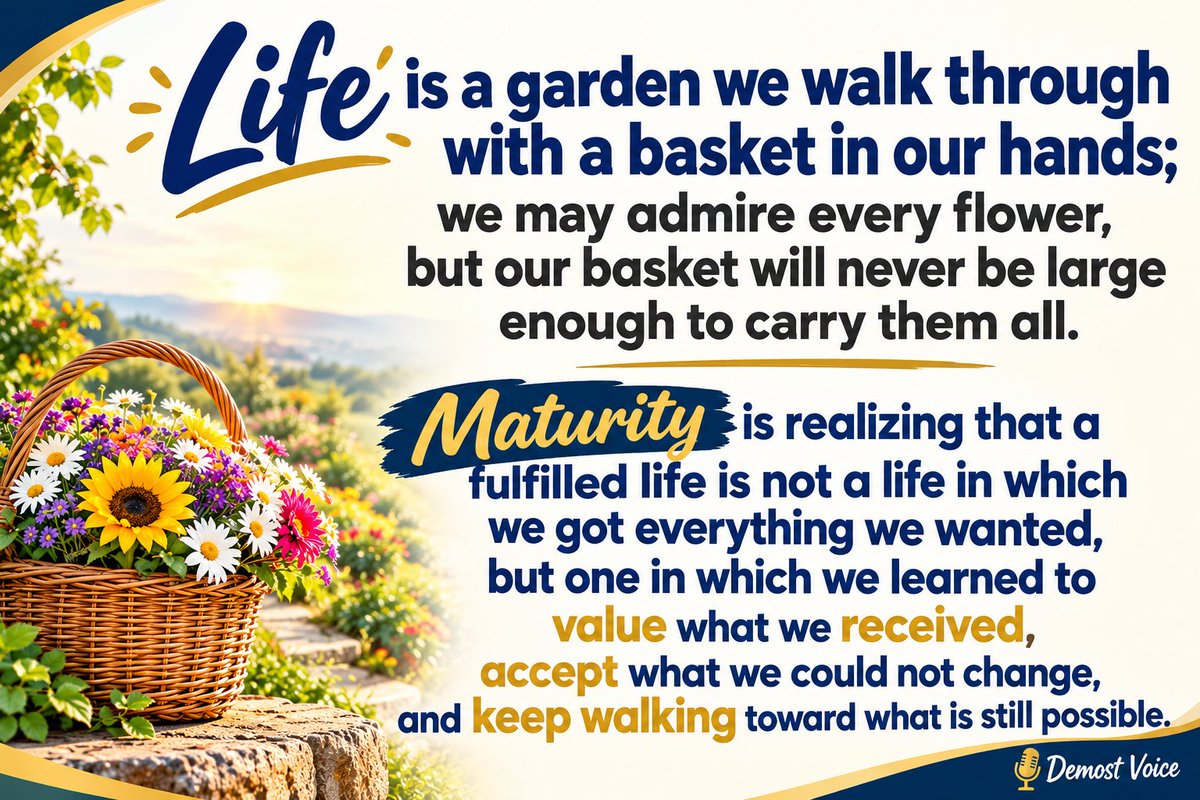 DemostWamzy's tweet photo. Life is a garden we walk through with a basket in our hands; we may admire every flower, but our basket will never be large enough to carry them all.

Maturity is realizing that a fulfilled life is not a life in which we got everything we wanted, https://t.co/hKK0j1PHN9