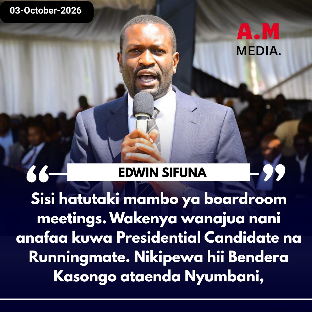 a_m_media_ke's tweet photo. ''Sisi hatutaki mambo ya boardroom meetings. Wakenya wanajua nani anafaa kuwa Presidential Candidate na Runningmate. Nikipewa hii Bendera Kasongo ataenda Nyumbani,'' Sifuna tells United Opposition Leaders https://t.co/UJgq2ZFIab