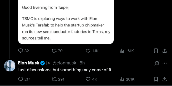 SpaceInvestor_D's tweet photo. $SPCX / $TSLA: Elon confirms he’s in discussions with TSMC on Terafab. https://t.co/WWRMcd16FR