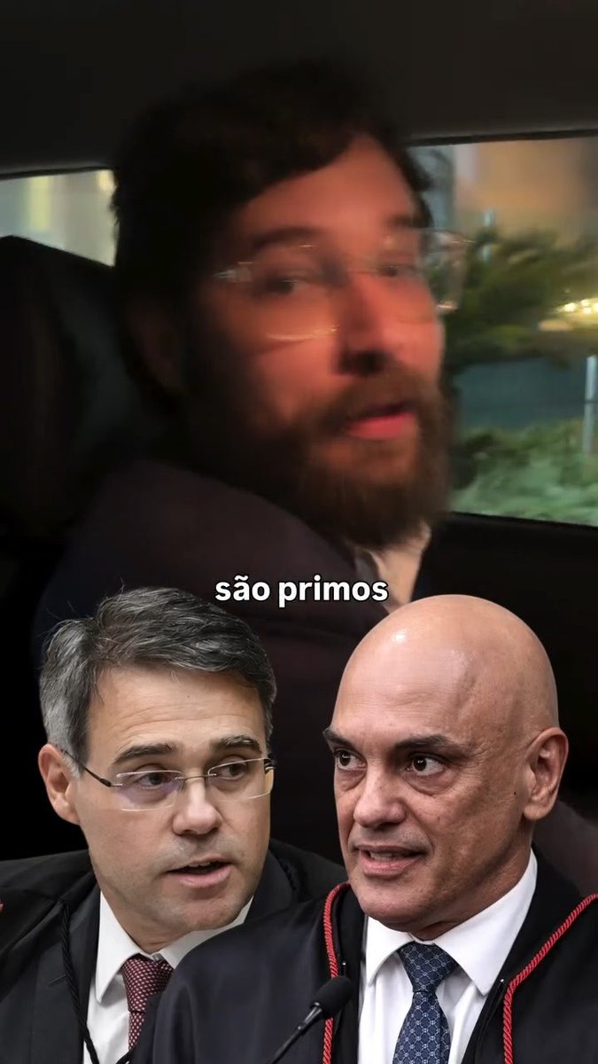 A composite image featuring a blurry face in a car at the top with the text 'são primos', placed above two judges in black robes with red trim.