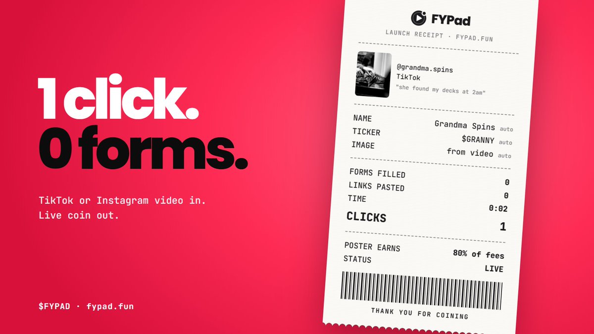 FYPadfun's tweet photo. 1 click.

0 forms.

TikTok or Instagram video in.

Live coin out. https://t.co/I67hjwyner