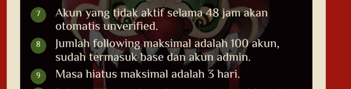 WENGIRIA's tweet photo. 7. Gak aktif selama 2 hari tanpa kabar, kami lepas ya.
8. Jumlah following tidak boleh melebihi 100, ayo tolong dicek lagi followingnya
9. Hiatus 3 hari, lebih dari itu dan tanpa kabar, kami lepas. 

Komunikasinya yah tolonq. https://t.co/Q51pVIvUW7
