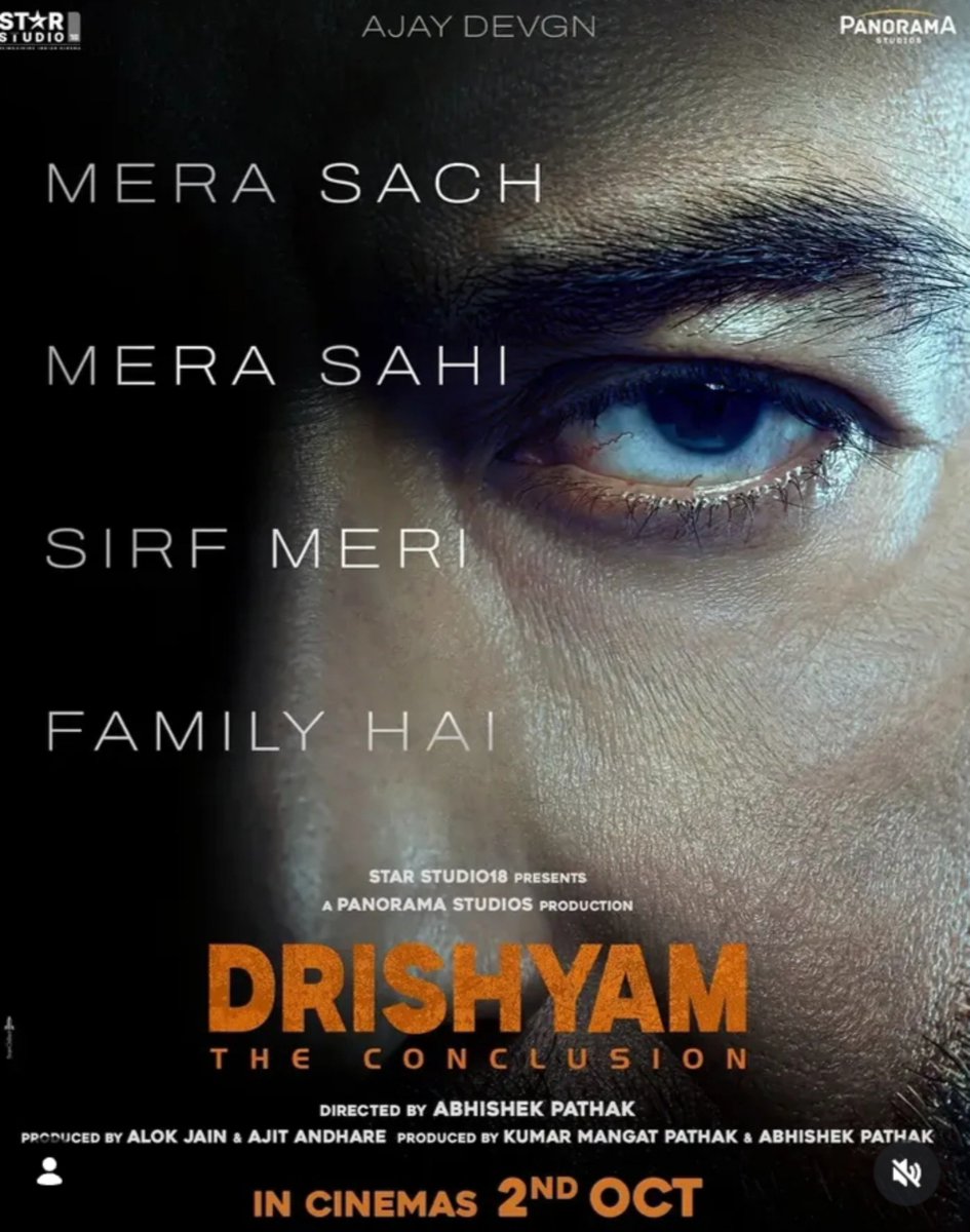 Nandini7020's tweet photo. Watched #Drishyamtheconclusion 🍿
Rating: ⭐⭐⭐⭐ (4/5) *MASTERPIECE*
🔥 Haunting BGM &amp; sharp dialogues.
🔥 #AjayDevgn commands the screen with his eyes.🫡
🔥Stellar acts by  #Tabu &amp; #JaideepAhlawat #prakeshraj &amp; full cast.💥
🔥 Pure edge-of-your-seat thriller! 🎬 https://t.co/M8zO9oqUqy