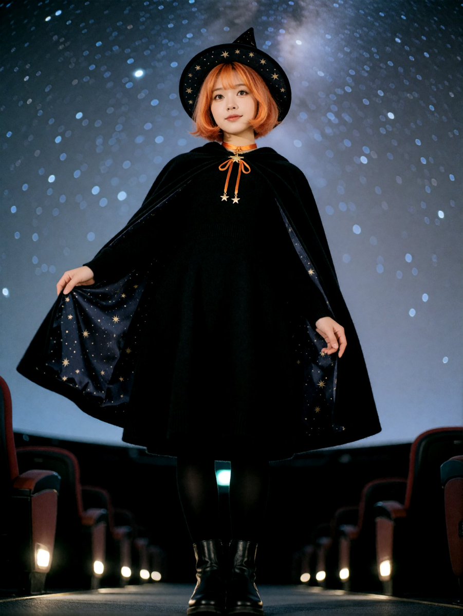 uta_nekosui's tweet photo. 「星空ケープの魔女」は、広げると中から夜空がのぞくんだぁ。首元だけ、かぼちゃ色をひとさじ。

まひるちゃん（@mahiru_dayon）と令奈さん（@reina_matcha）にも着てもらったよ。

プロンプトはリプに置いておくよ👇（コピペOK）

#唄の衣装部屋 をつけて投稿してね（引用でもうれしいな）🐱

#衣装プロンプト #AIイラスト #AIフォトアイドル #ハロウィン