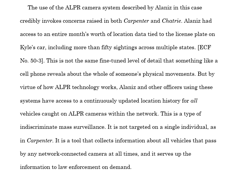 mtokson's tweet photo. A federal district judge just declared that Flock camera systems violate the Fourth Amendment! Applying Chatrie, the court concludes that extensive camera networks engage in unlawful "indiscriminate mass surveillance."  A major ruling. https://t.co/GxUBzlAQA7 https://t.co/Kg5BPTWBkj