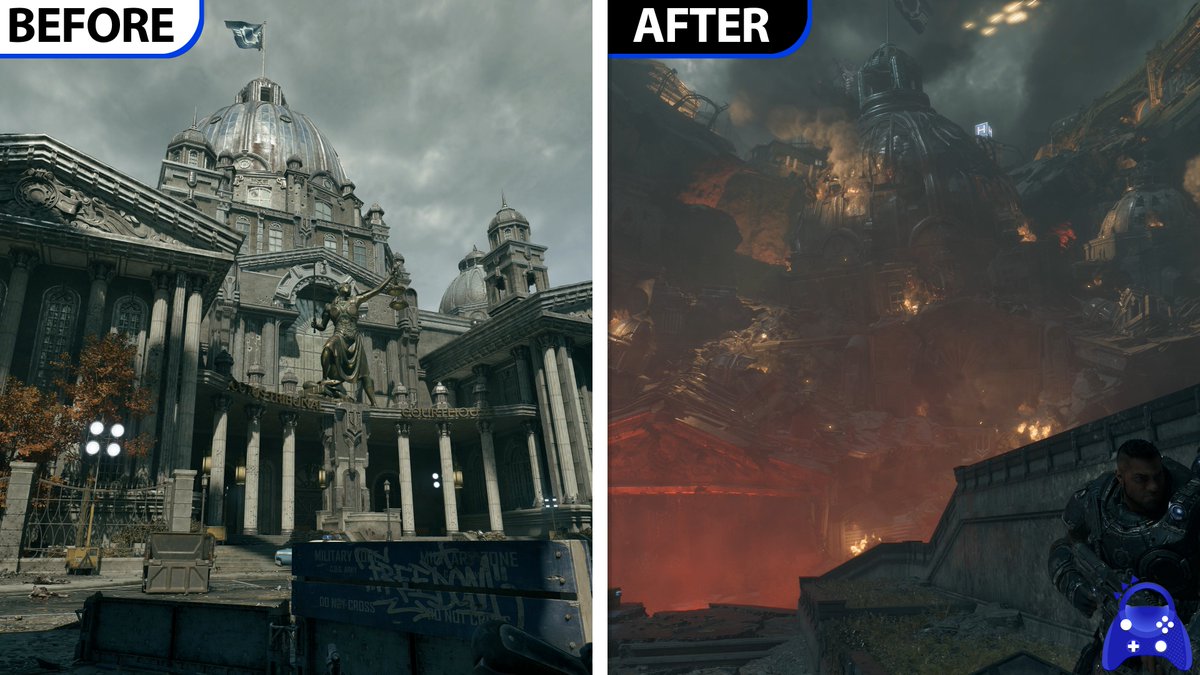 analistadebits's tweet photo. La destrucción de la ciudad de Kalona en Gears of War E-DAY es una de las demostraciones técnicas más impresionantes que he visto y se merecía un video así. Una ciudad viva que muere poco a poco ante nuestros ojos.

Video: https://t.co/rkNVvC0nvj https://t.co/XmGcvYFib7