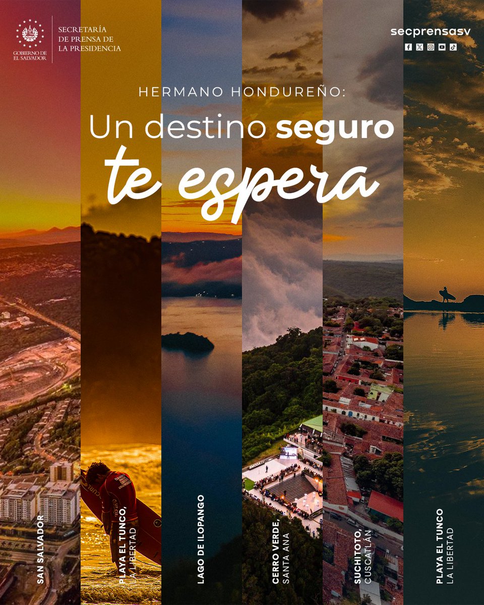 SecPrensaSV's tweet photo. Hermano hondureño, aprovecha la Semana Morazánica para visitar El Salvador y descubrir la diversidad de destinos que el país ofrece.

Disfruta de la riqueza arquitectónica de la capital y conoce los paisajes naturales, desde playas y lagos hasta cerros que ofrecen experiencias únicas para disfrutar en un ambiente seguro y familiar.