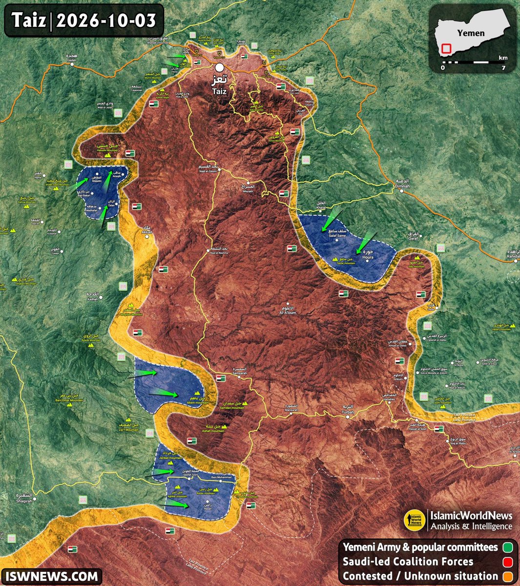 DD_Geopolitics's tweet photo. 🇾🇪 Battle for Taiz intensifies as Ansarallah presses the city from multiple directions

Ansarallah is continuing its offensive across the mountainous approaches to Taiz, with some of the heaviest fighting now concentrated on the western and southwestern highlands overlooking key supply routes into the city.

The battle increasingly centers on control of the mountains and corridors linking Taiz with Lahj and Aden. Government authorities have now closed the eastern Taiz–Hawban crossing as fighting intensifies around the city. 

Control of Taiz would significantly strengthen Ansarallah’s position across western Yemen and open greater pressure toward the south, just as Saudi Arabia prepares a major counteroffensive.