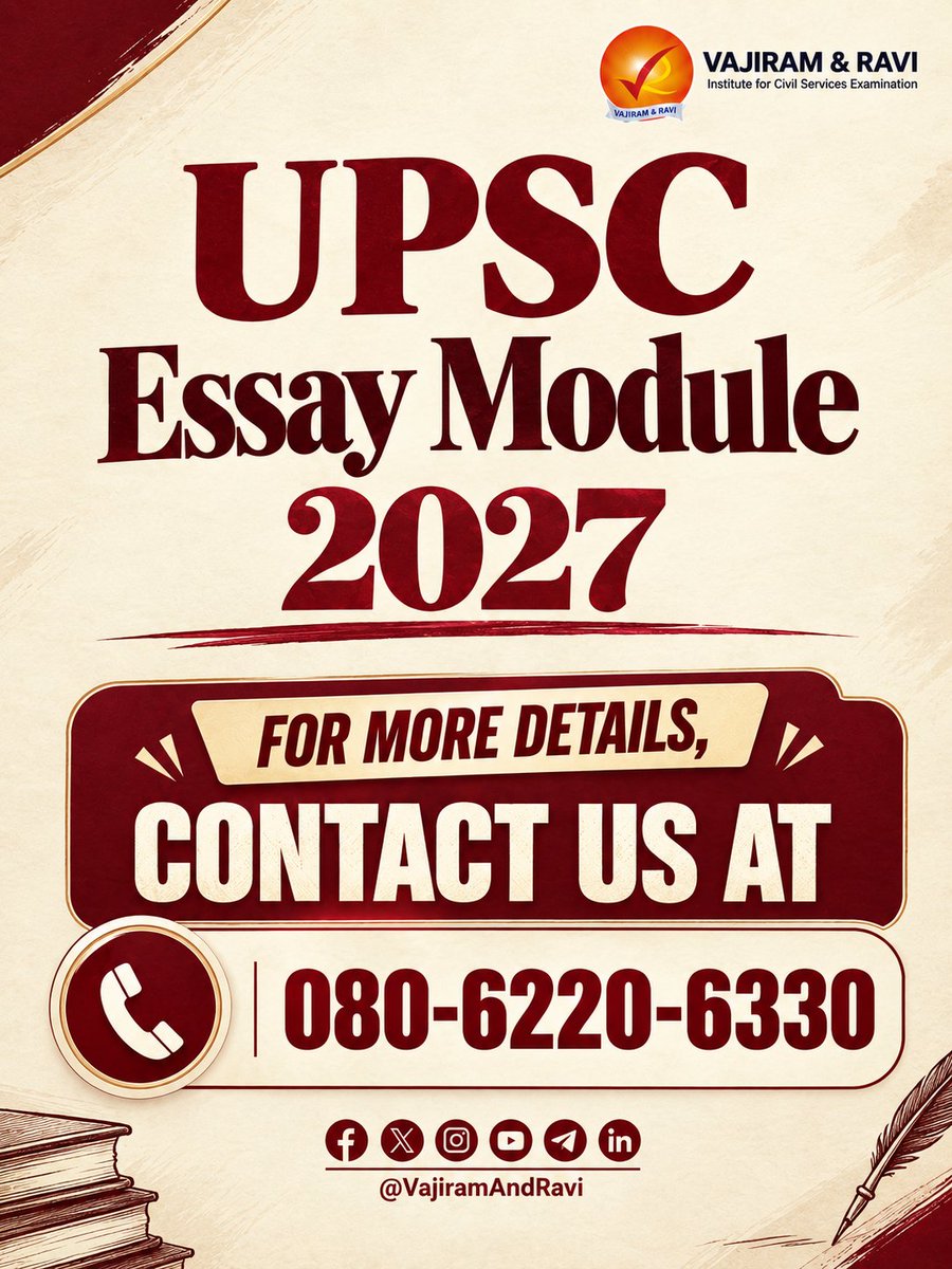 VajiramRavi's tweet photo. UPSC Essay Module 2027 | Vajiram and Ravi
👉 To Know More: https://t.co/180nbV9S1y
📞 For more details, contact us at: 080-622-063-30
#UPSCEssay #EssayWriting #UPSCMains #UPSC2027 #EssayModule #VajiramAndRavi https://t.co/lY5l5ad32N