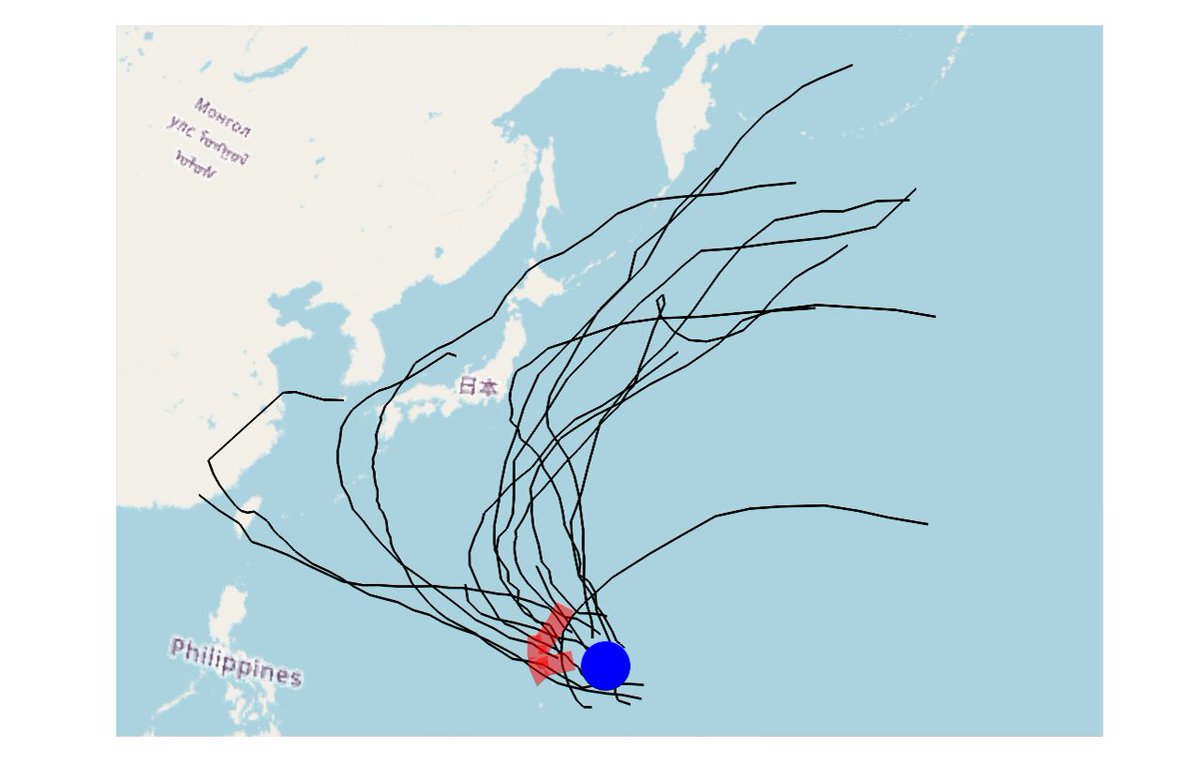 ChibaMatsuba's tweet photo. [DataScienceNote] 台風27号の進路 #AI
台風27号（赤線，10月3日まで）の経路と，発生位置が近い過去の台風の進路との比較 https://t.co/7Hrle9DHU9