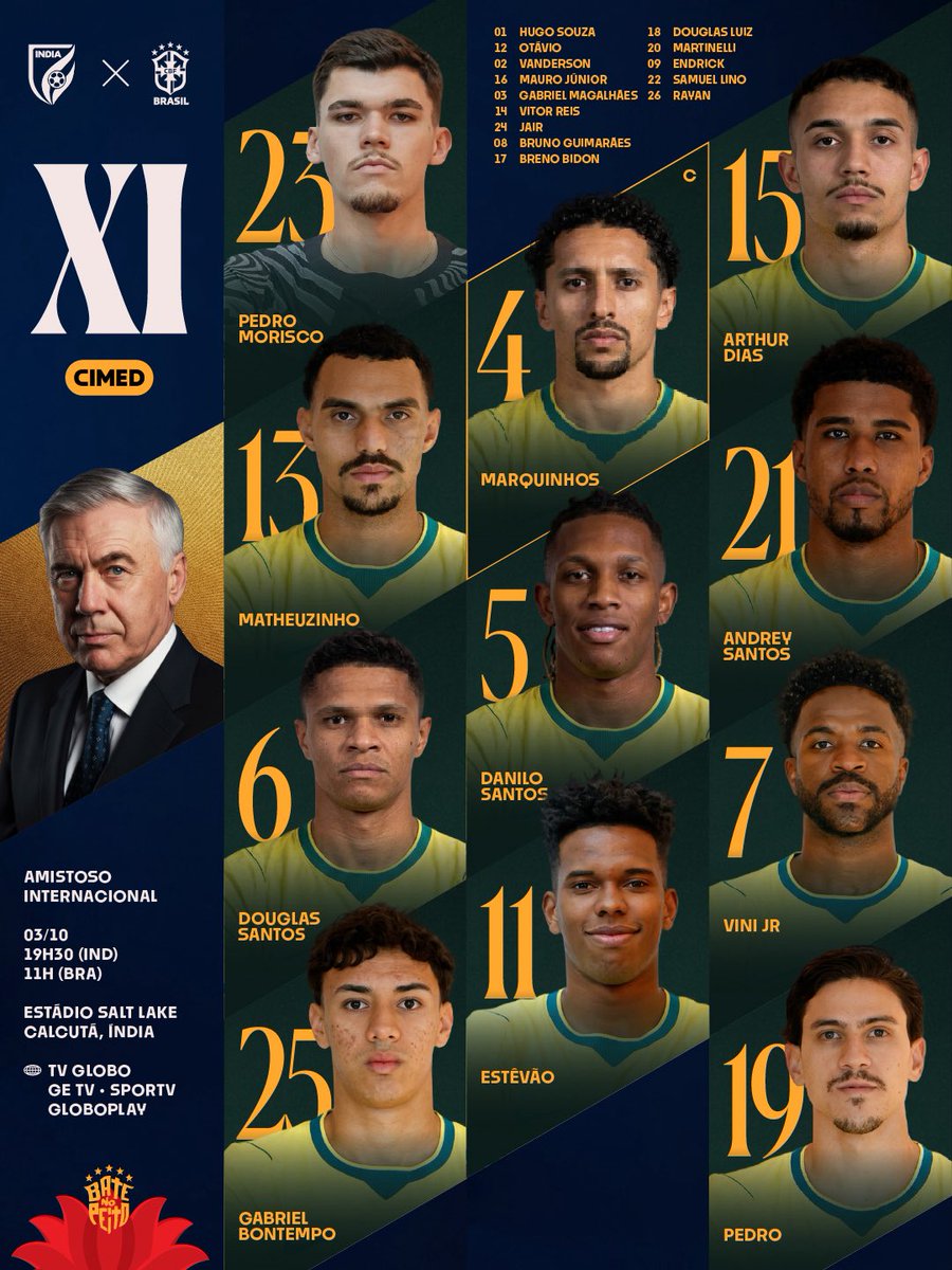 CBF_Futebol's tweet photo. É DIA DE BRASIL! 🇧🇷

A Seleção Brasileira está escalada para o último compromisso desta Data Fifa!

Brasil e Índia se enfrentam logo mais, em Calcutá.

⏰ 11h (Brasília)
🏟️ Salt Lake Stadium

📺 TV Globo, sportv, GE TV e Globoplay

#BateNoPeito

ISSO É BRASIL! 🇧🇷 https://t.co/WVPE1T9A08