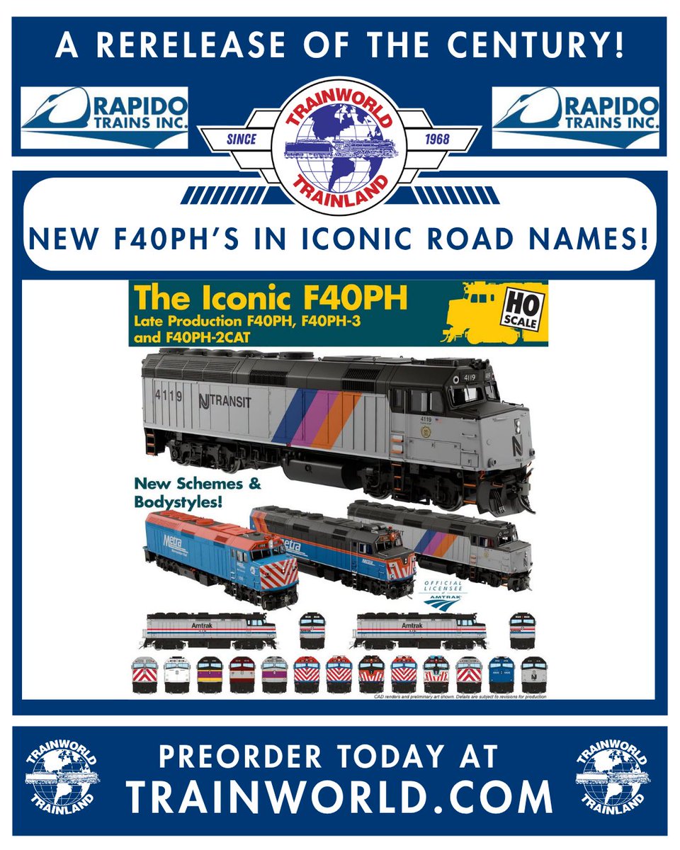 Trainworld's tweet photo. New batch of HO @RapidoTrains F40PHs! 🤩

PreOrder today at https://t.co/i7Kp3pvGj1! https://t.co/48YaW6RrVn

#rapidotrains #hoscale #f40ph #diesel #locomotive #preorder #trainworld #trainland #modeltrains #trains https://t.co/iajVDKXmvG