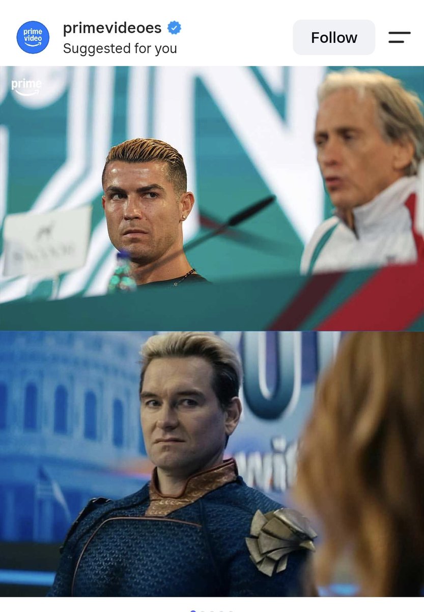 Bonmatimessi's tweet photo. Prime is having a field day with the Ronaldo/ Homelander memes on Instagram and tiktok 😭😭😭😭 https://t.co/r6jmCf57ru
