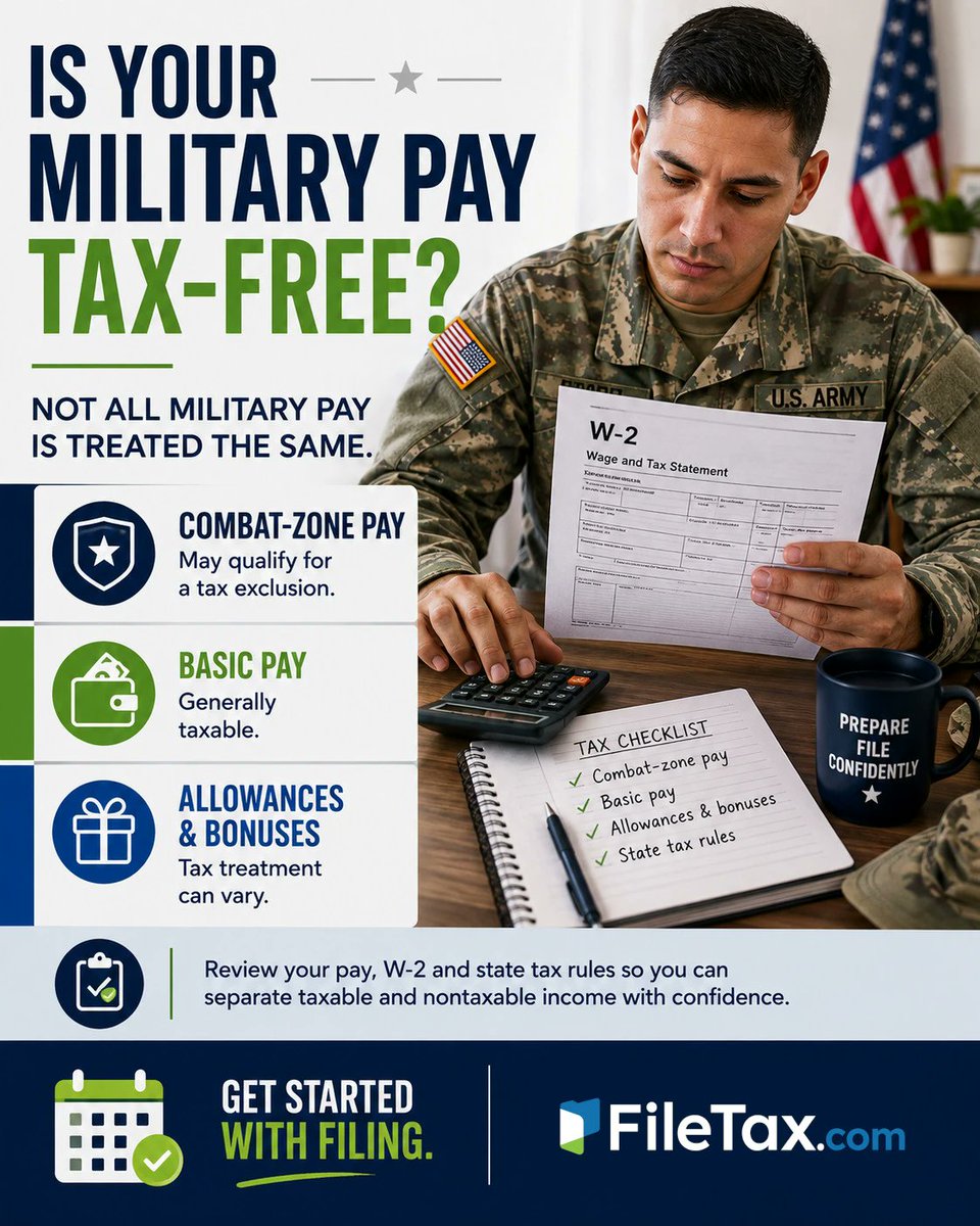 filetaxcom's tweet photo. Is your military pay tax-free? Not always. Combat-zone pay may qualify for an exclusion, while basic pay is generally taxable and allowances or bonuses can have different treatment. Review your W-2 and state tax rules before filing.
#MilitaryTaxes #TaxTips #TaxFiling #FileTax https://t.co/c6OnB8s1M2