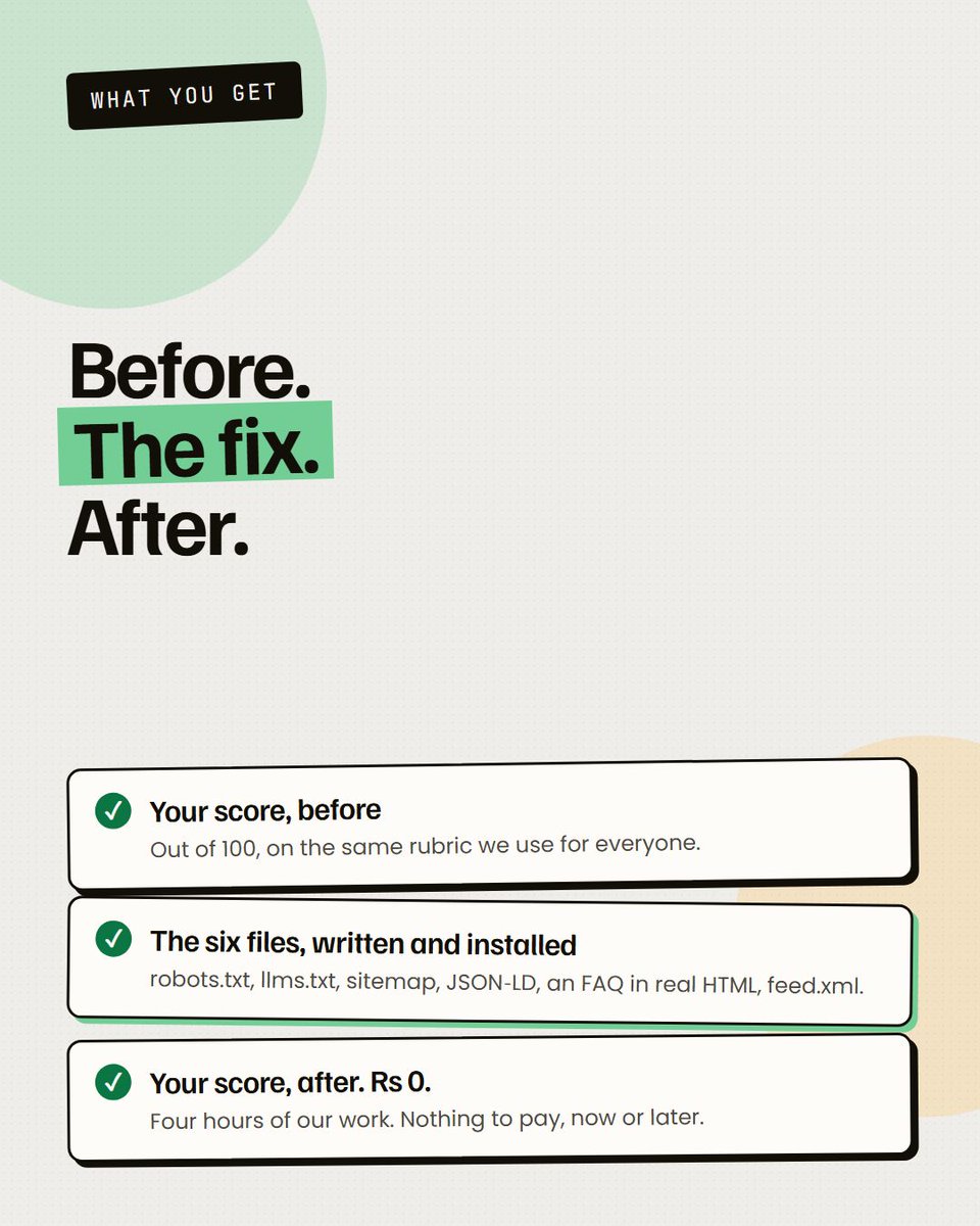 DevMarDe's tweet photo. We'll fix ten websites for free.

Before score. The fix. After score. Rs 0.

Only catch: we publish the numbers. No upsell, no retainer. We'll ask for a review after and you can say no.

Reply with your URL. First ten. https://t.co/SVrTz2gH8W