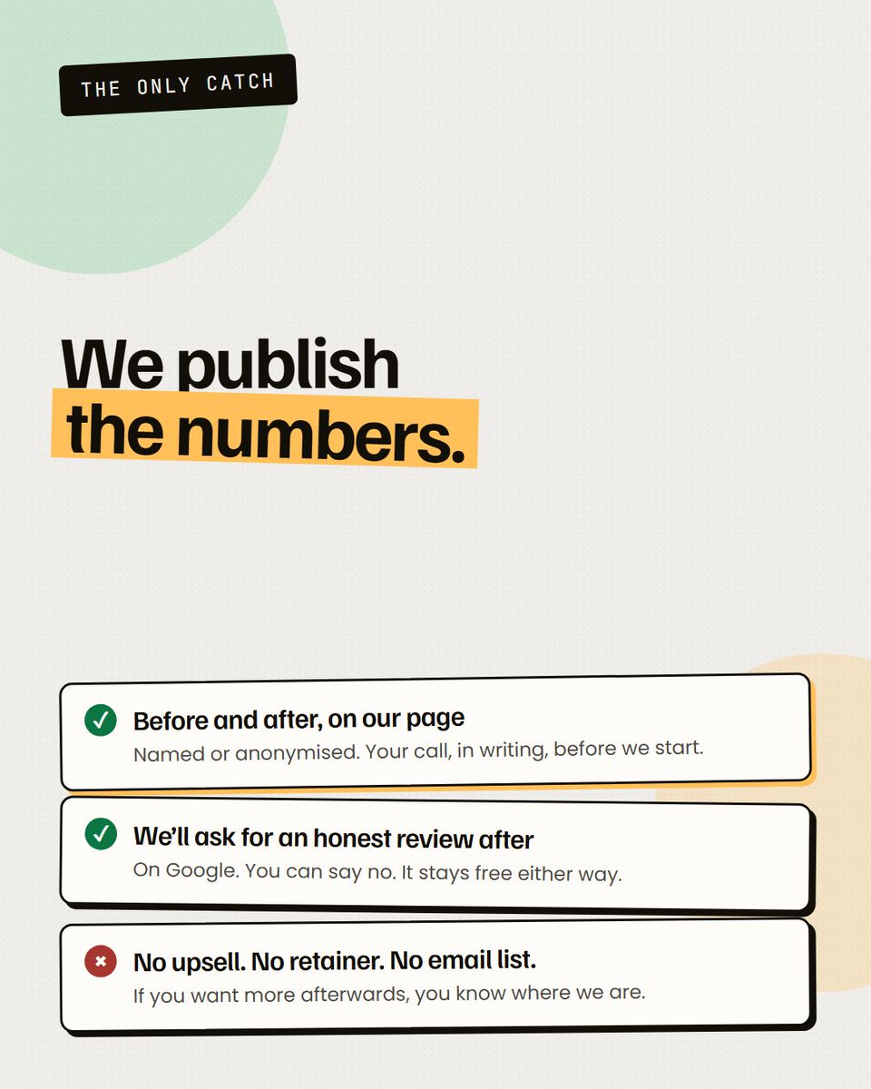 DevMarDe's tweet photo. We'll fix ten websites for free.

Before score. The fix. After score. Rs 0.

Only catch: we publish the numbers. No upsell, no retainer. We'll ask for a review after and you can say no.

Reply with your URL. First ten. https://t.co/SVrTz2gH8W