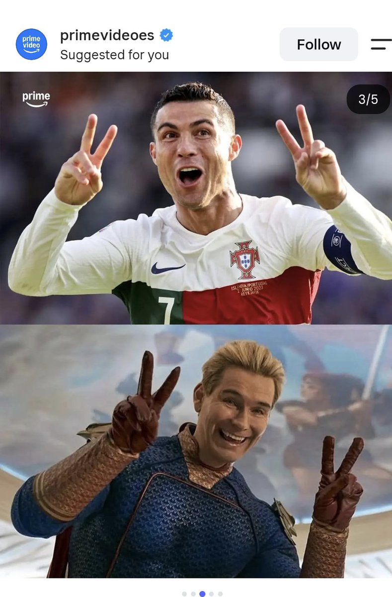 Bonmatimessi's tweet photo. Prime is having a field day with the Ronaldo/ Homelander memes on Instagram and tiktok 😭😭😭😭 https://t.co/r6jmCf57ru