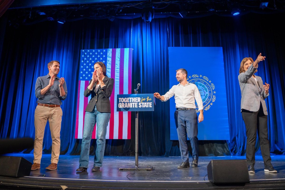 PeteButtigieg's tweet photo. Feeling energized and hopeful after joining @ChrisPappasNH, @Stefany4NH, and @CindeWarmington to rally in Rochester last night. Thank you to everyone who took time out of their Friday to join us. https://t.co/54vYBBlCSC