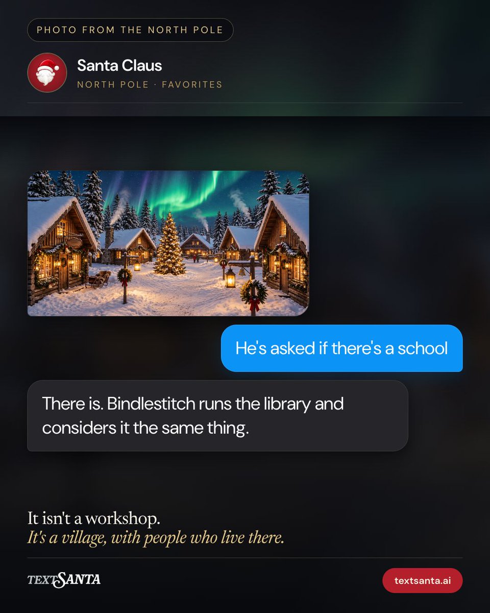 textsantaai's tweet photo. It isn't a workshop. It's a village, with people who live there.

#textsanta #northpole #christmasvillage #christmaself #holidaytraditions #santaclaus #Christmas

https://t.co/rGFXIT5xIK https://t.co/DQuhb8xzs1