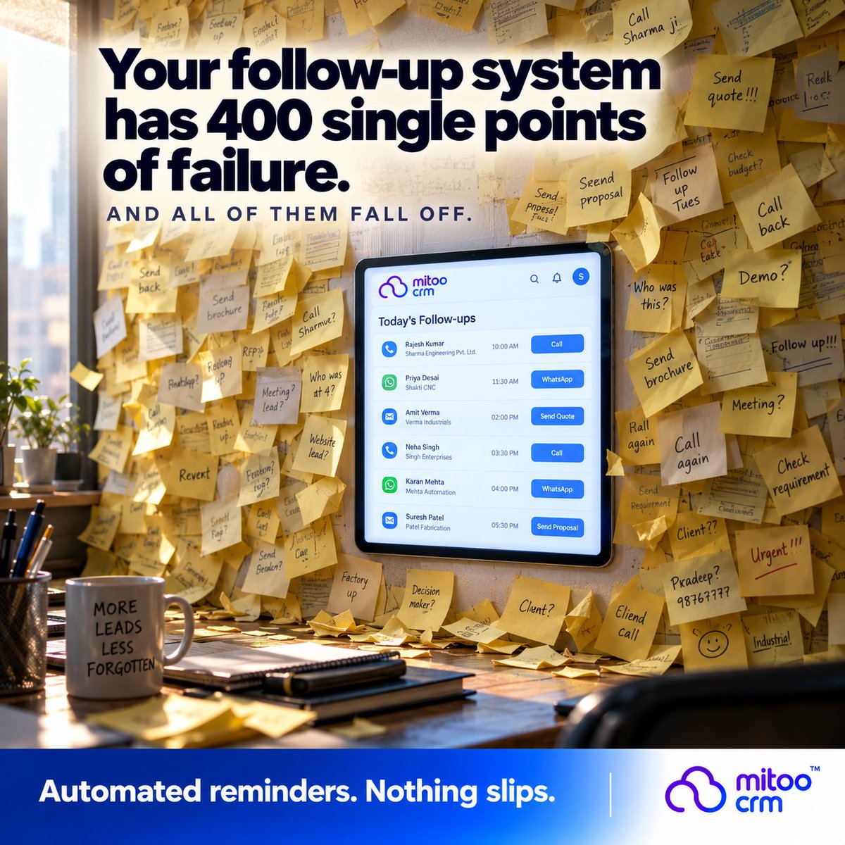 MitoCRM's tweet photo. Your follow-up system has 400 single points of failure.

And all of them fall off.

Automated reminders. Nothing slips.

🔗 https://t.co/ILb84RYhMg

#CRM #SalesAutomation https://t.co/GeJYd500h4