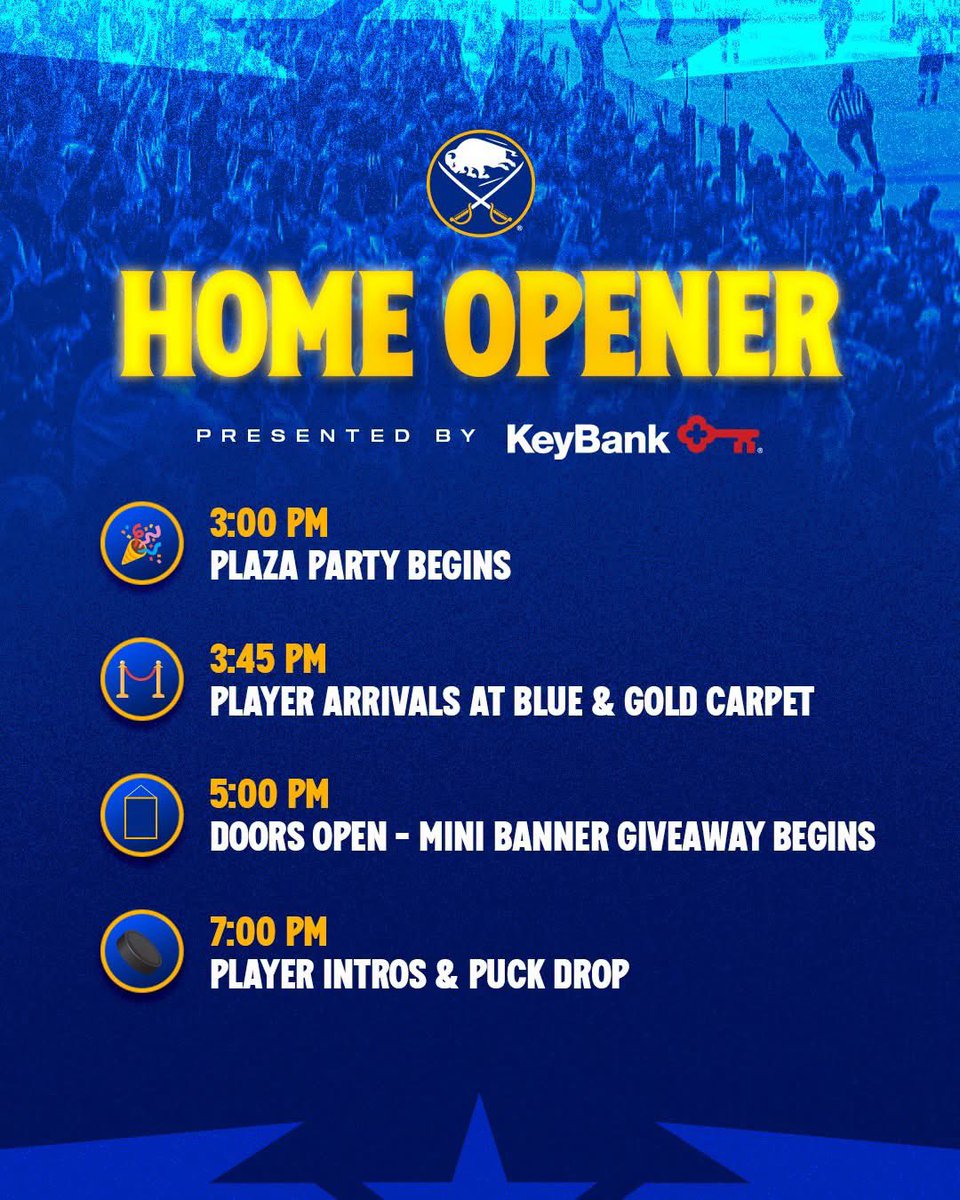 BuffaloSabres's tweet photo. Be in your seats by 7:00pm tonight so you don't miss any surprises! 👀

Full day rundown → https://t.co/KuaD6yskNR

#LetsGoBuffalo | @keybank https://t.co/pu57jeBTOF