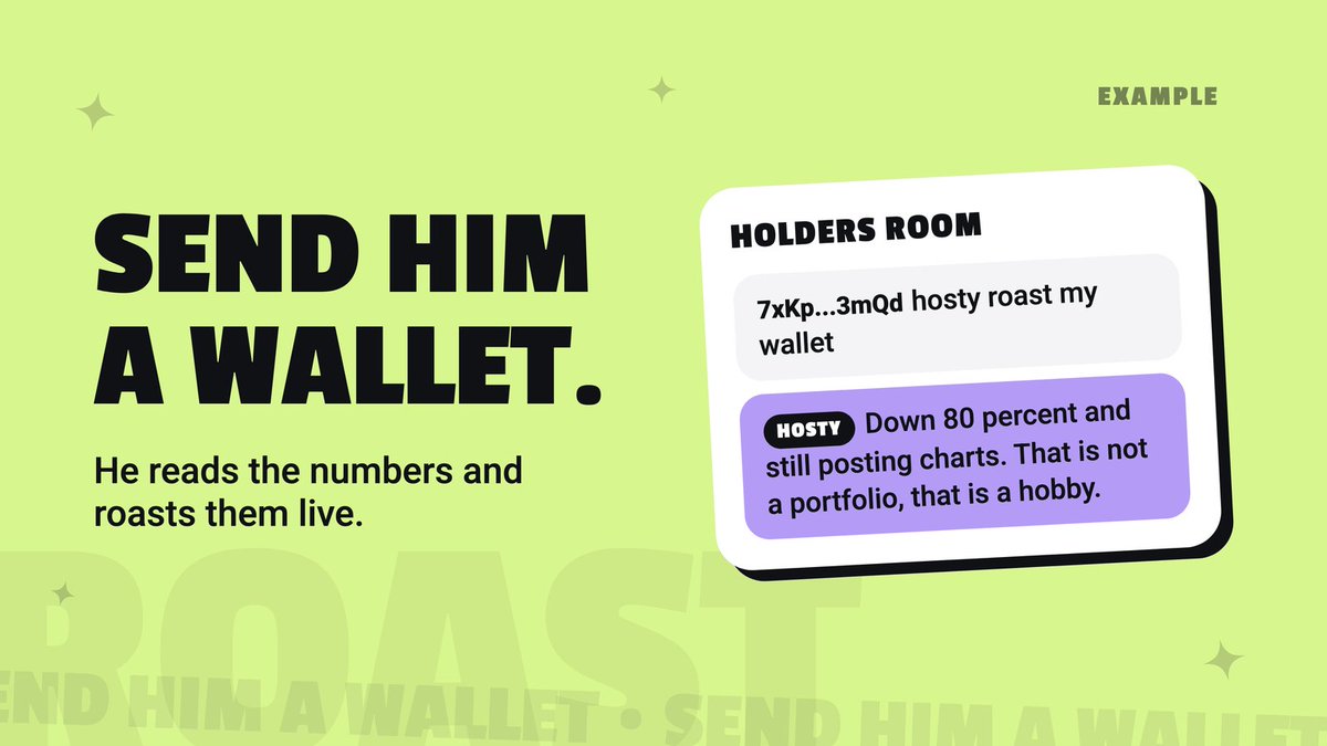 HostyOnSol's tweet photo. Send HOSTY a wallet and he reads the numbers and roasts them live. 

Hold $HSTY to join the room.

Launching soon on @pumpfun

 https://t.co/A9t3xKm5h9 https://t.co/8k7vF68Frq