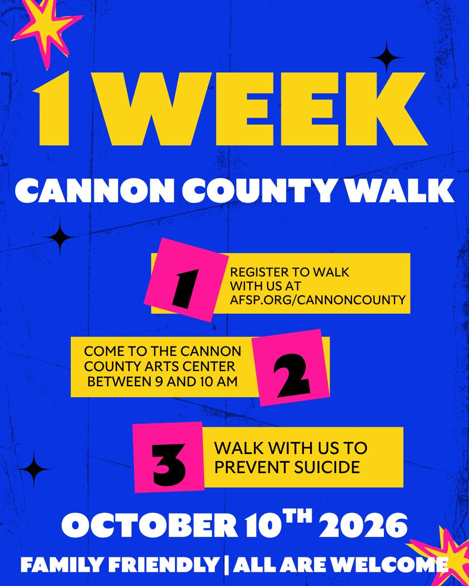 AFSPTN's tweet photo. The Cannon County Walk is in one week! This walk serves our Cannon County communities, as well as any nearby towns and cities. Have you registered to walk with us yet? Go to https://t.co/CtKahE5ENI to get involved or make a donation today! https://t.co/LUaQuMcyHJ