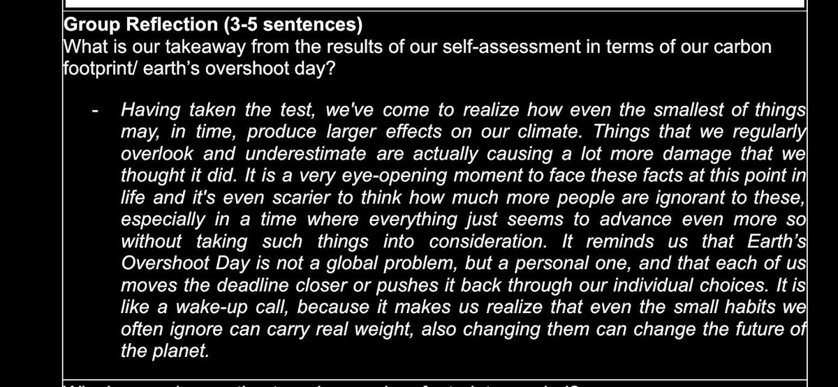 _eychkei's tweet photo. Might be too specific for a "favorite activity" section, but answering this particular question was an experience, to say the least. Tbh, this whole activity was. It was like a scream, a shout, from the earth itself reminding us how harmful our "small" actions are. And I agree. https://t.co/wrGCMzLGjm
