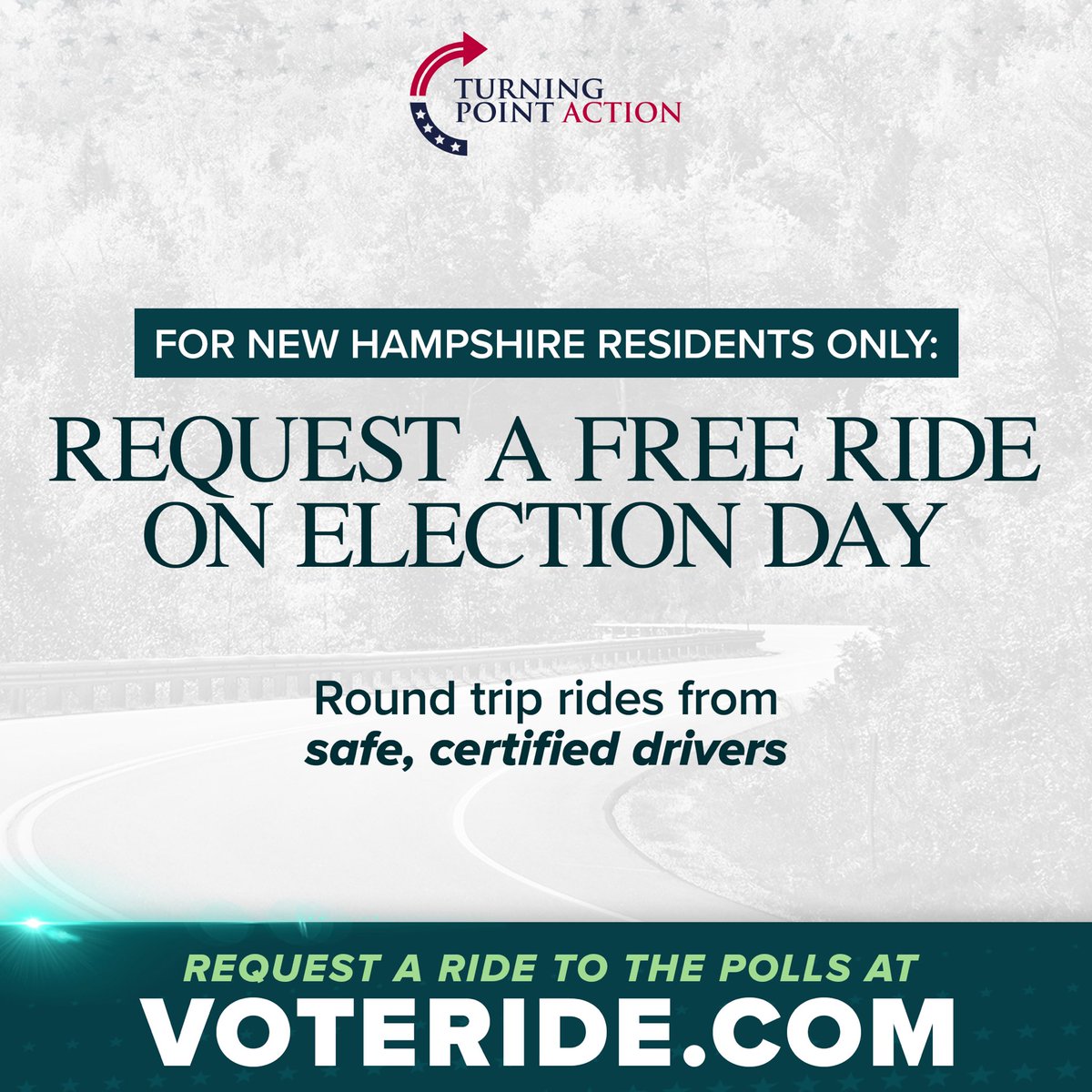 TPAction's tweet photo. New Hampshire Residents 🌲

Turning Point Action is offering FREE rides to the polls on Election Day, November 3! Safe and certified drivers will give you a ride to the polls and back - all you have to do is schedule! 

Call 833-603-VOTE to schedule your free ride ahead of Election Day, or visit the link in the bio!