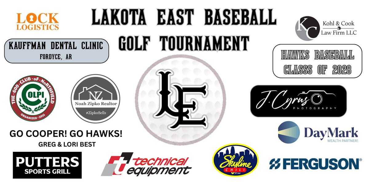 LEHawksBaseball's tweet photo. A huge Thank you:

Lock Logistics
Kauffman Dental Clinic
The 600 Club
#ZipkoSells
Putters Sports Grill
Tesco Technical Equipment 
Skyline Chili
Kohl &amp; Cook Law Firm
J Cyrus Photography 
Daymark Wealth Partners
Ferguson LLC
Hawks Baseball - Class of 2028
Greg and Lori Best https://t.co/K56ZmiVKri