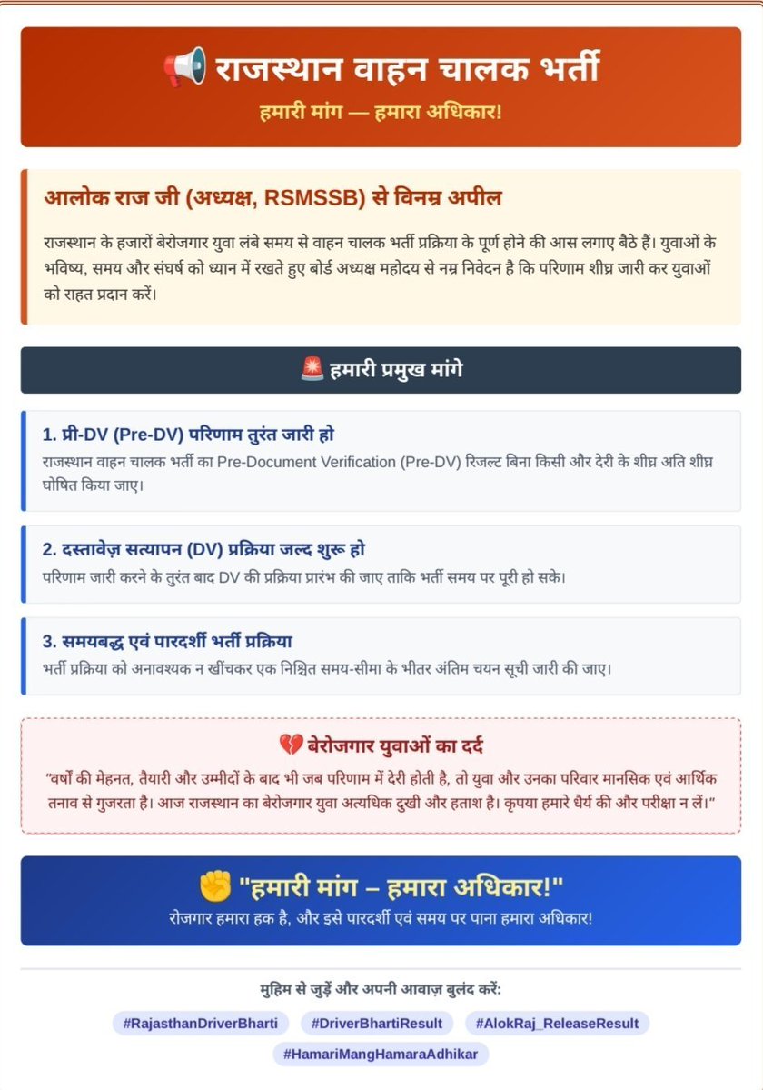 Meenas2g's tweet photo. परीक्षा के कई महीने बीत जाने के बाद भी राजस्थान वाहन चालक भर्ती का परिणाम जारी नहीं हुआ है। युवा कब तक सिर्फ इंतजार और मानसिक तनाव से गुजरेंगे?
@alokrajRSSB @RajCMO कृपया हमारी मांग सुनें और जल्द #Rajasthan_Driver_Result घोषित करें ताकि आगे की प्रक्रिया शुरू हो सके। https://t.co/wMwH2zASx9
