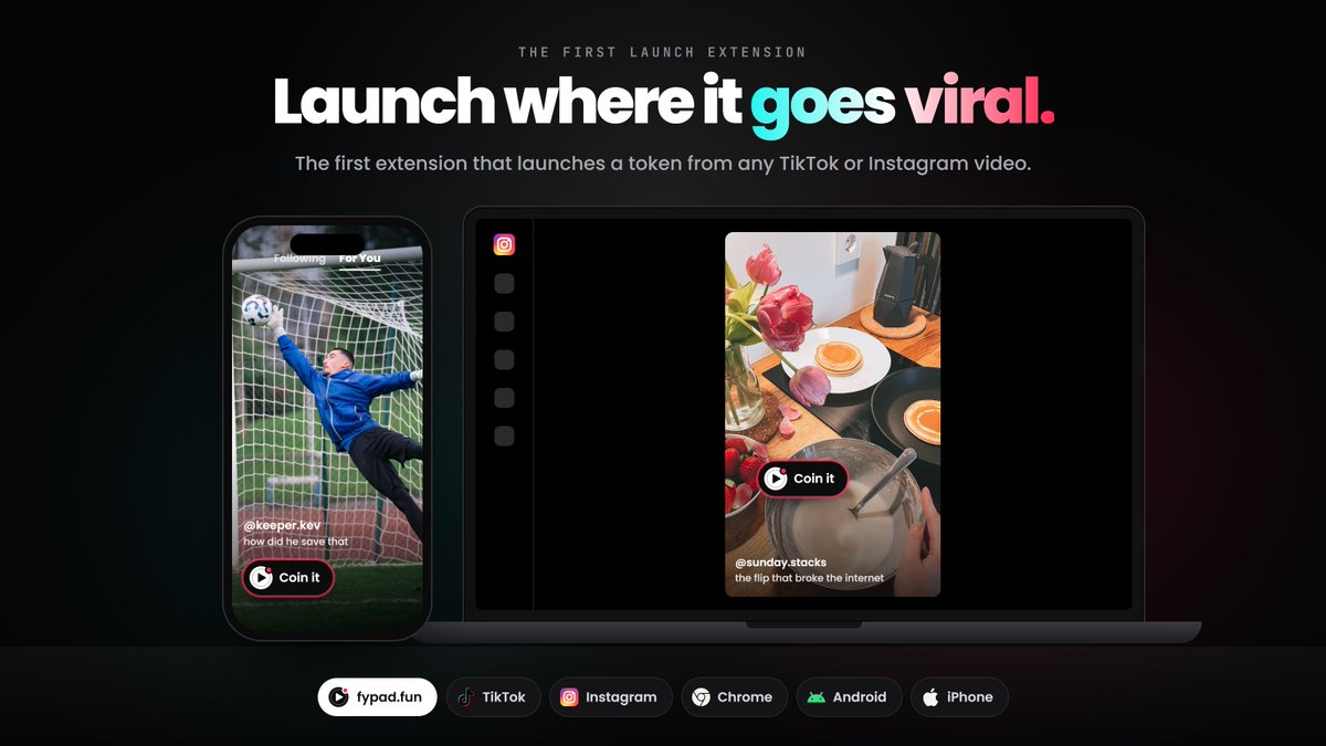 FYPadfun's tweet photo. Launch where it goes viral.

FYPad is the first extension that launches a token from any TikTok or Instagram video.

On desktop, a Coin it button sits on every video.

On mobile, it's in your share menu.

One click and it's live.

$FYPAD · https://t.co/f6I6xUX5E9 https://t.co/gtrJ6fC7ik