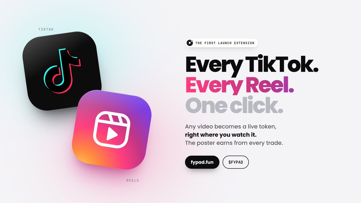 FYPadfun's tweet photo. Every TikTok.

Every Reel.

One click.

FYPad is the first launch extension for TikTok and Instagram.

Any video becomes a live token, right where you watch it.

$FYPAD · https://t.co/f6I6xUX5E9 https://t.co/7rcaeMZe4k