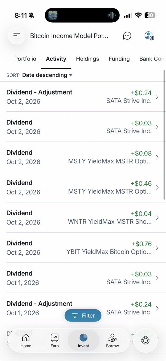 BitcoinIncome21's tweet photo. Got paid $16.13 in dividends this week.

$6.30 $STRD
$4.00 $STRF
$3.10 $STRK
$1.07 $SATA
$0.76 $YBIT
$0.54 $MSTY
$0.32 $MAXI
$0.04 $WNTR

Biggest income week yet.

Revolutions. You follow? https://t.co/PdRBht7iyD